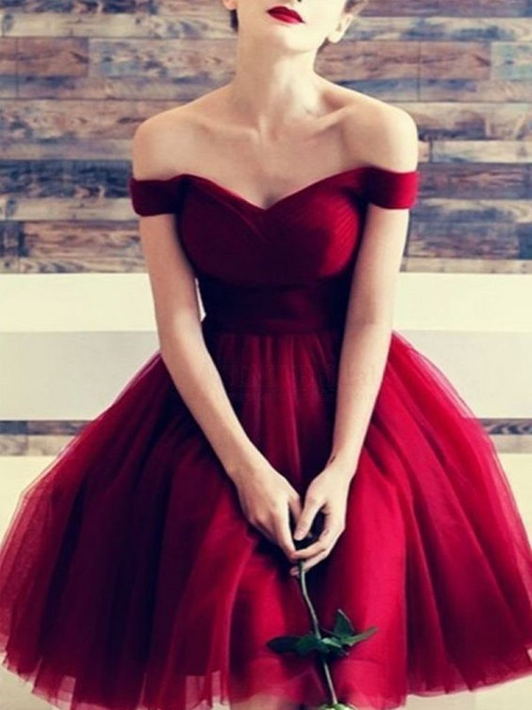 A Line Short Burgundy Off Shoulder Prom ...